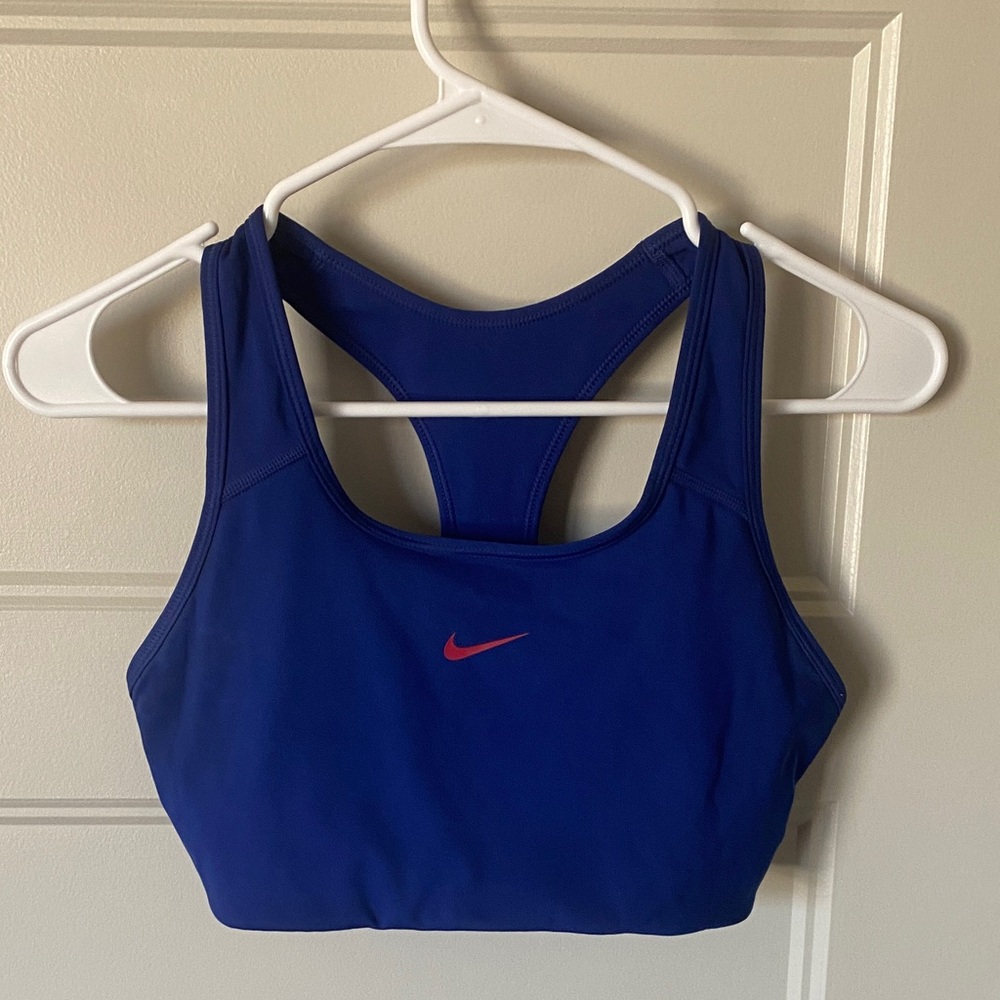 Nike Racerback Sports Bra in Deep Blue with Red Logo